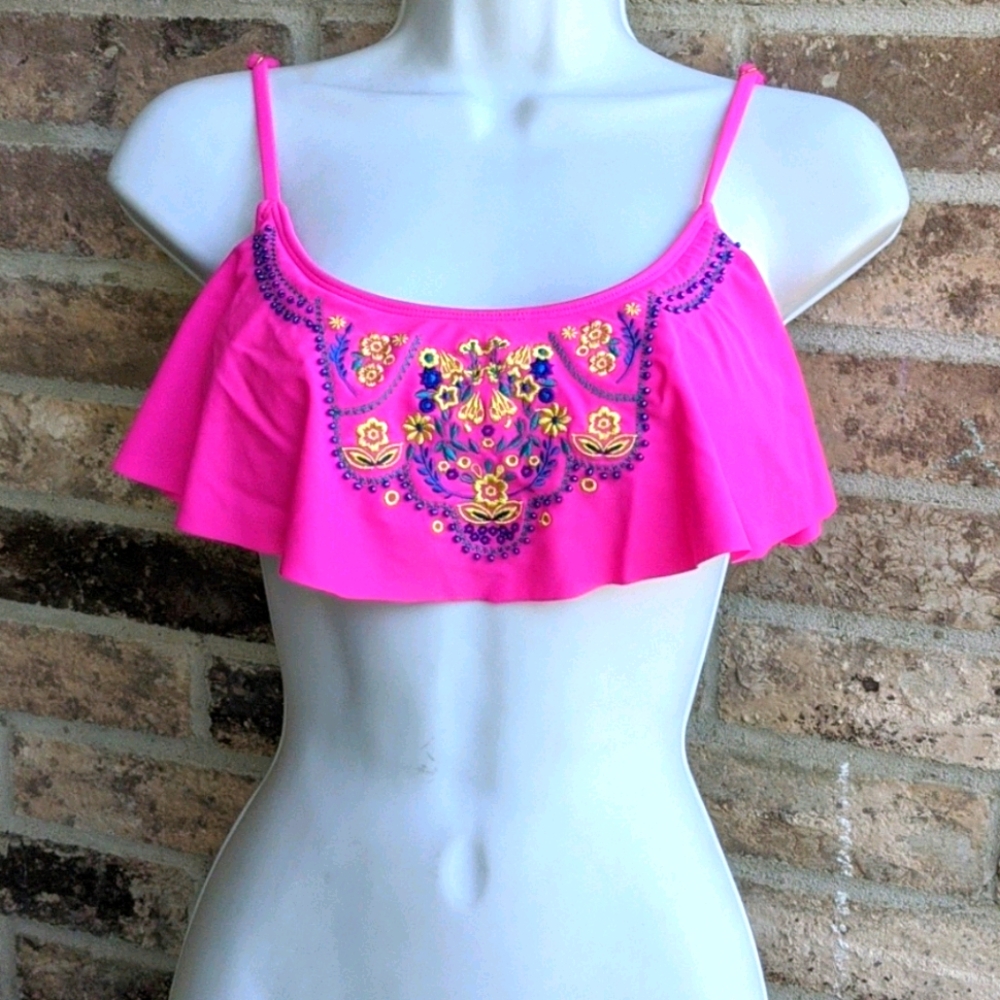 Hot pink bikini top with yellow floral design